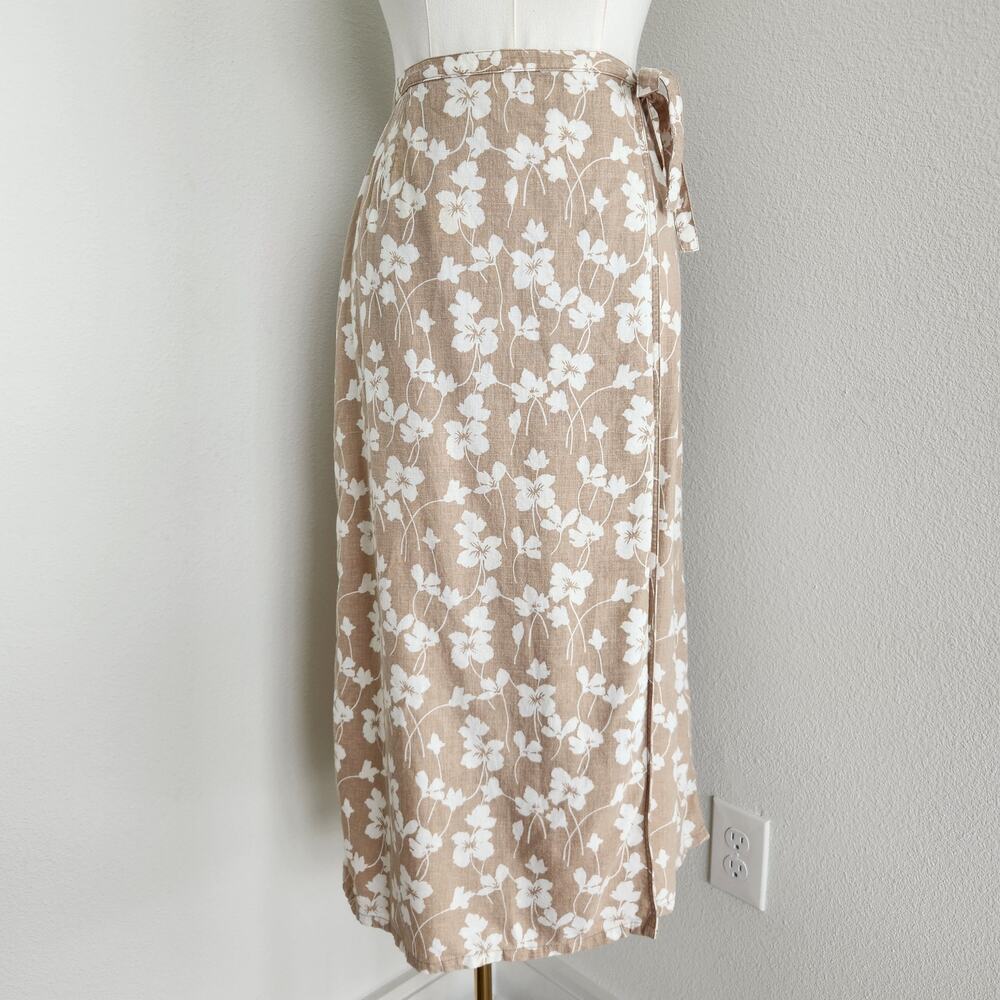 Vintage 90s Liz Claiborne Tan Floral Linen Blend High Waist Midi Wrap Skirt 10